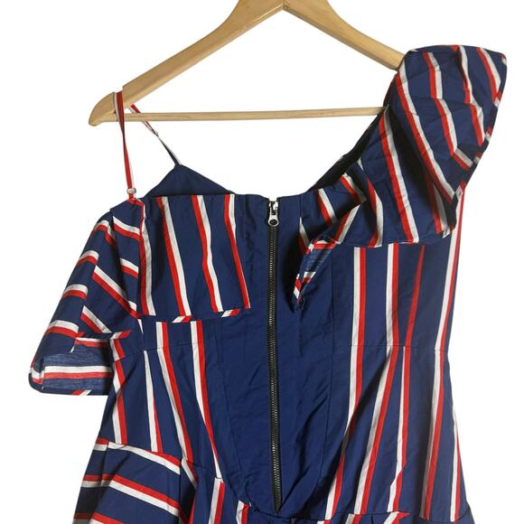 Alice + Olivia Red White Blue Stripe Asymmetrical Ruffle A-Line Cocktail Dress 2 - Picture 9 of 10